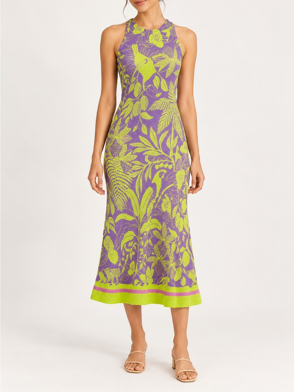 Purple Lime Tropical Midi Dress FARM Rio Textured Knit Sleeveless Boho Stretch S